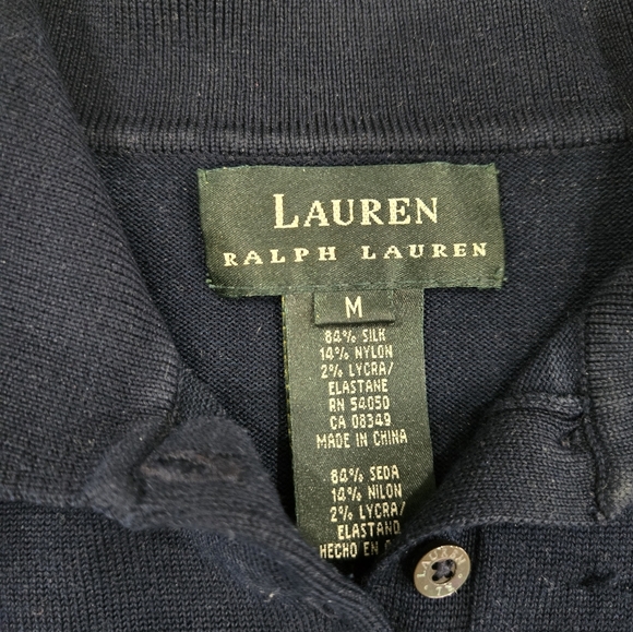 Lauren Ralph Lauren Silk Navy Knit Long Sleeve Polo  size M - Picture 3 of 3